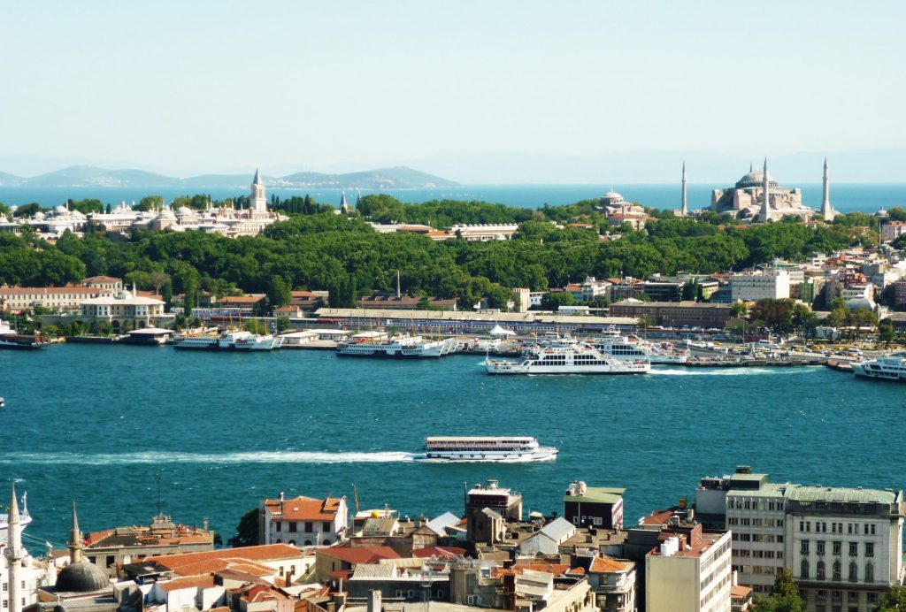 A view across Bosphorus at Topkapi Palace (left) and Hagia Sophia (right) - Istanbul main attractions