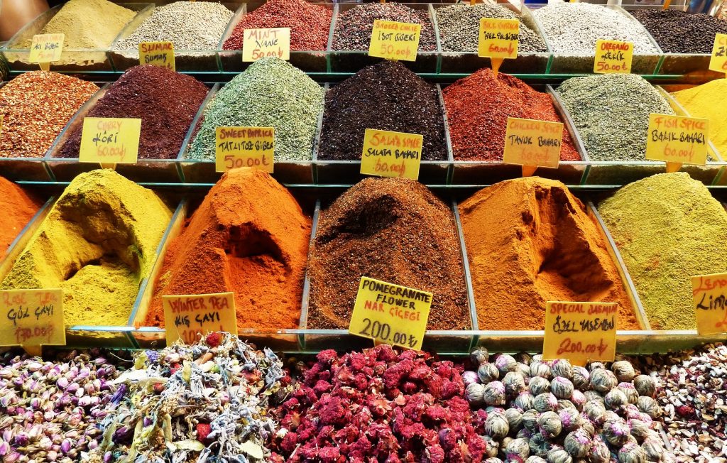 Exotic tea, herb and spices on The Egyptian Spice Bazaar in Istanbul; Istanbul main attractions
