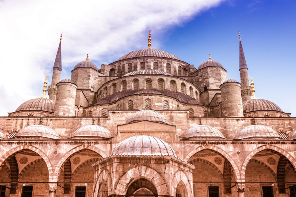 The impressive silhouette of the Sultan Ahmet Mosque called the Blue Mosque; Istanbul main attractions