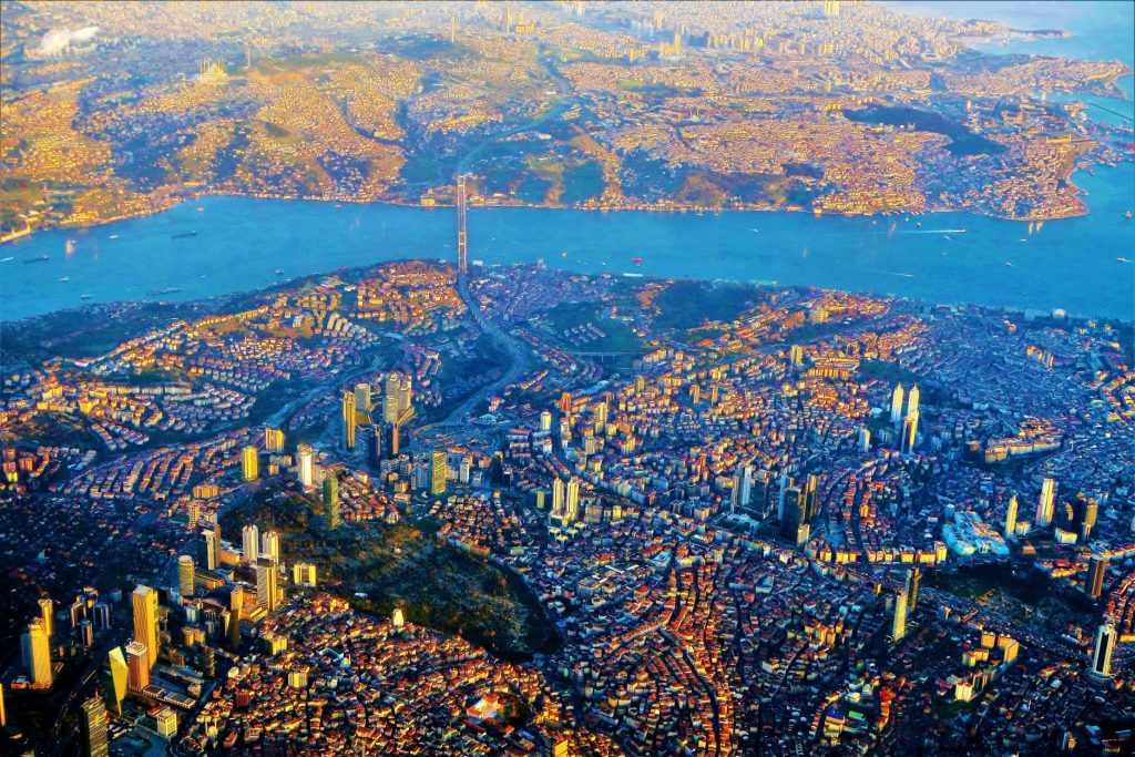 The view at the European and Asian part of Istanbul with the Bosphorus between them