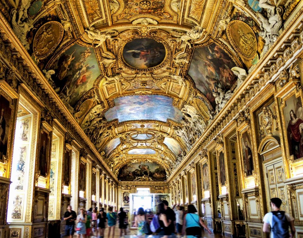 Fascinating palatial interiors of one of numerous painting galleries in The Louvre in Paris