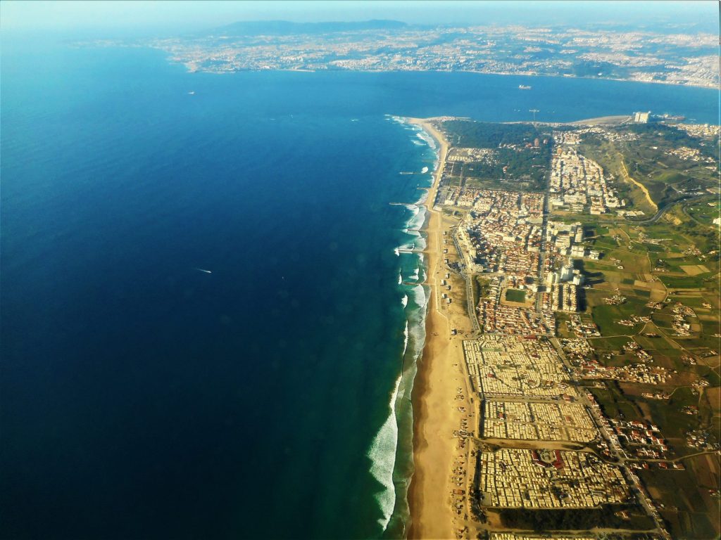 Overview of a part of Costa da Caparica beaches in Portugal