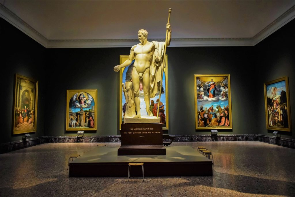 Paintings and sculptures in Pinacoteca di Brera in Milan, Italy