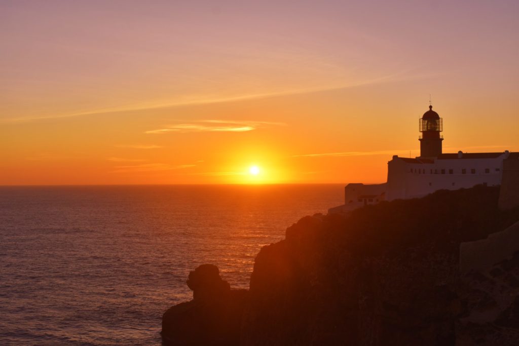 Beautiful lighthouse Farol do Cabo de São Vicente marks the southernmost point of Portugal