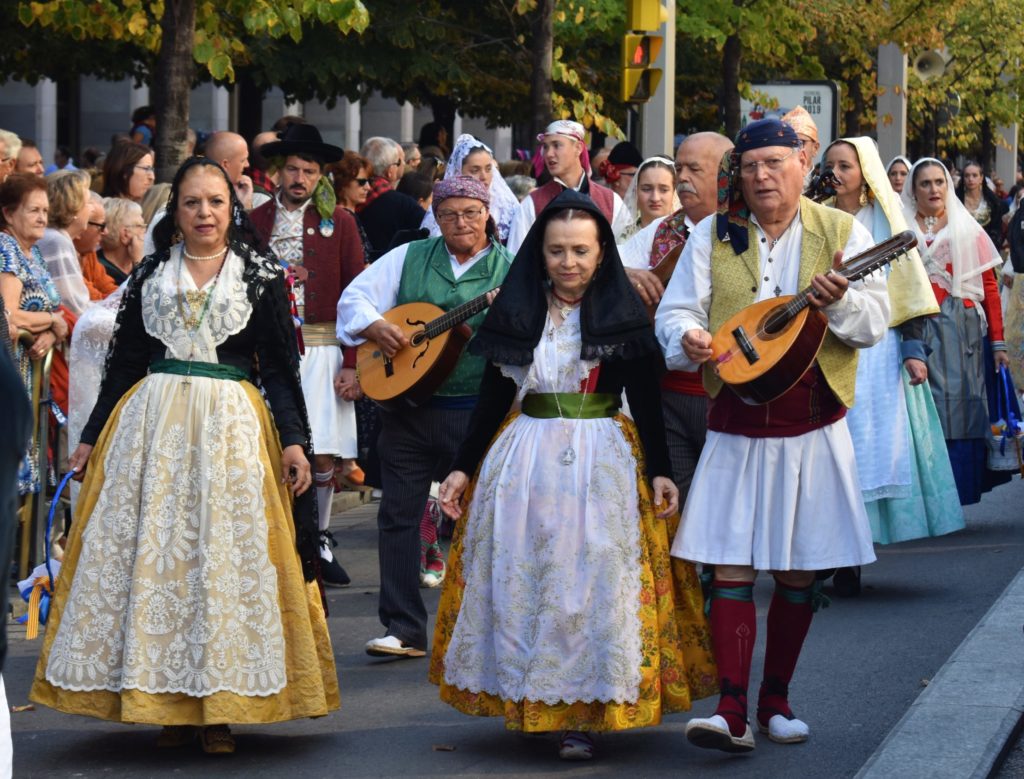 During Fiestas del Pilar in Zaragoza the streets are filled with people wearing traditional costumes of their towns and villages