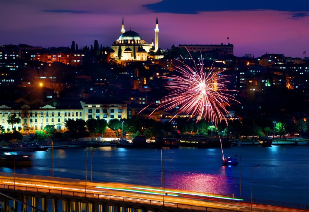 NYE fireworks on Bosphorus by Ataturk Bridge - Istanbul, Turkey