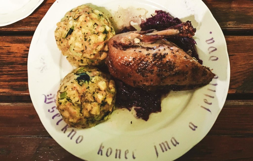 Pečená Kachna - Roasted Duck with potato dumplings and stewed red cabbage