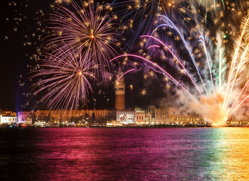 Spectacular fireworks for New Year's Eve in Venice, Italy
