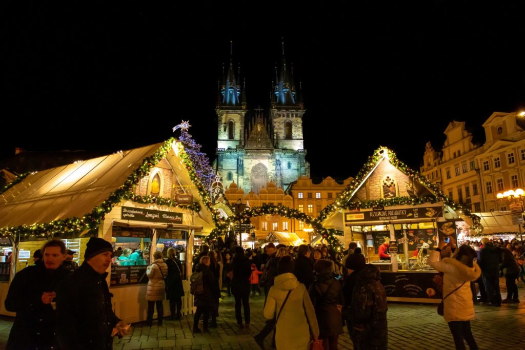 Splendid setting of Christmas market in Staroměstské náměstí in Prague, Czech Republic