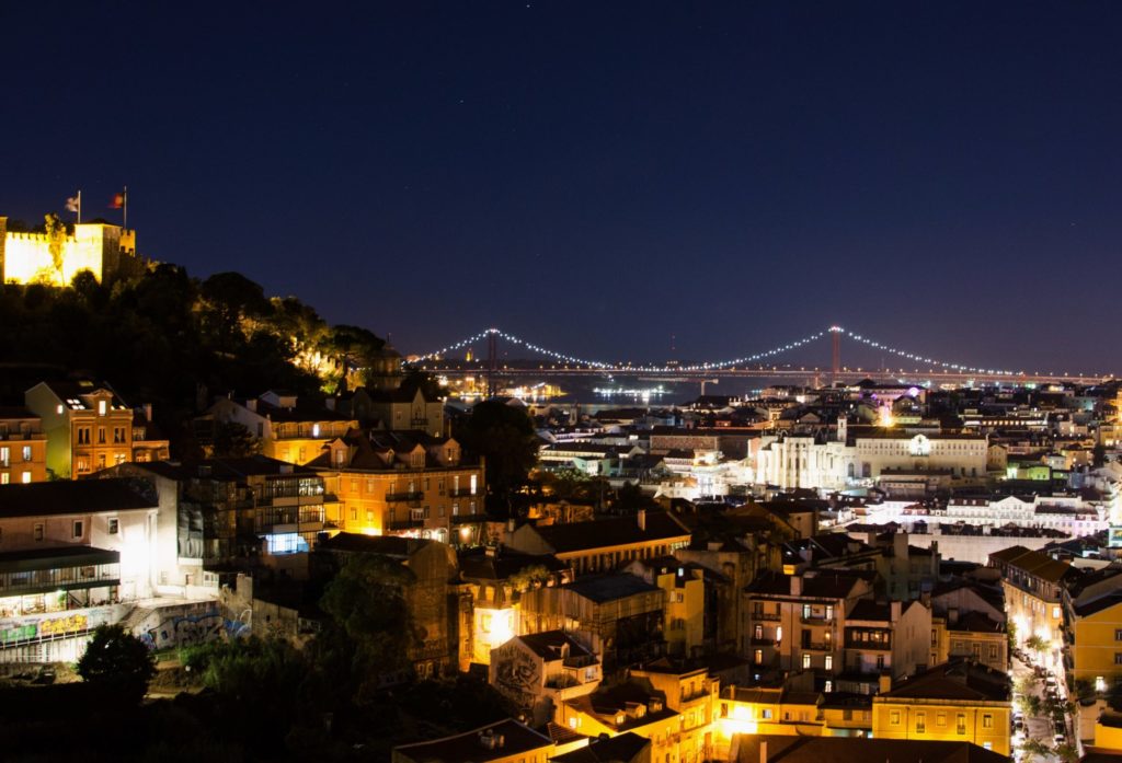 Night view from a splendid miradouro during New Year's Eve in Lisbon, Portugal