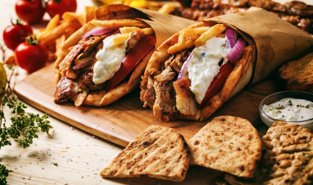 Classic Greek food - Gyros wrapped in pita bread