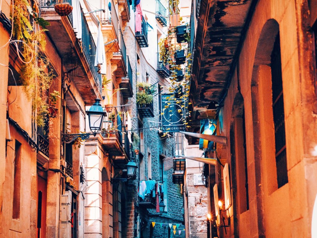 Narrow winding streets of Barrio Gotico in Barcelona