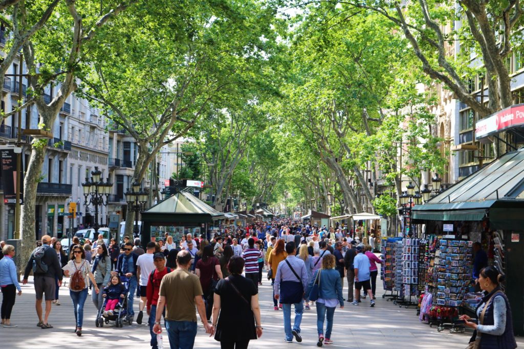The most famous street in Barcelona - La Rambla with its lively crowds