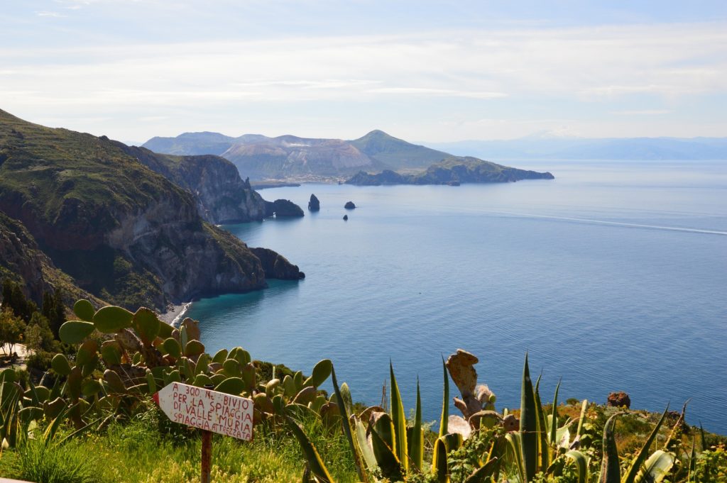 Panorama from the high part of Lipari towards the island of Vulcano - most beautiful islands of Italy